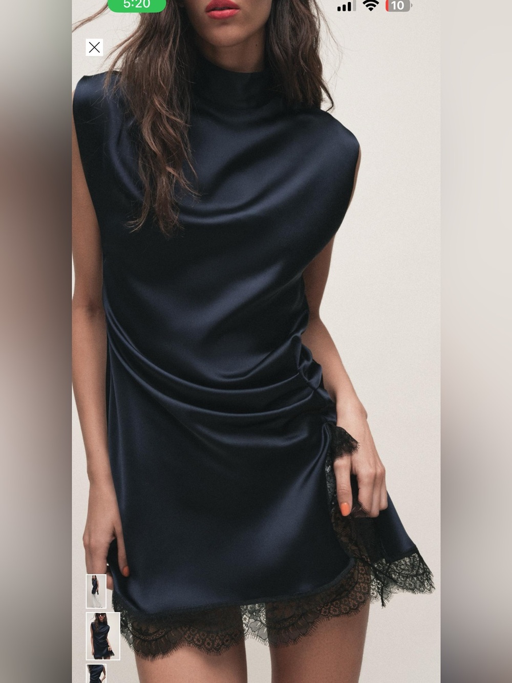 Zara Navy Satin Slip Dress with Black Lace Trim
